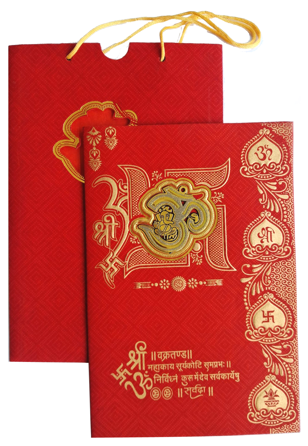 Red Carry-bag  Hindu wedding invitation card featuring a golden embossed Om and Ganesha emblem — wedding invitation card