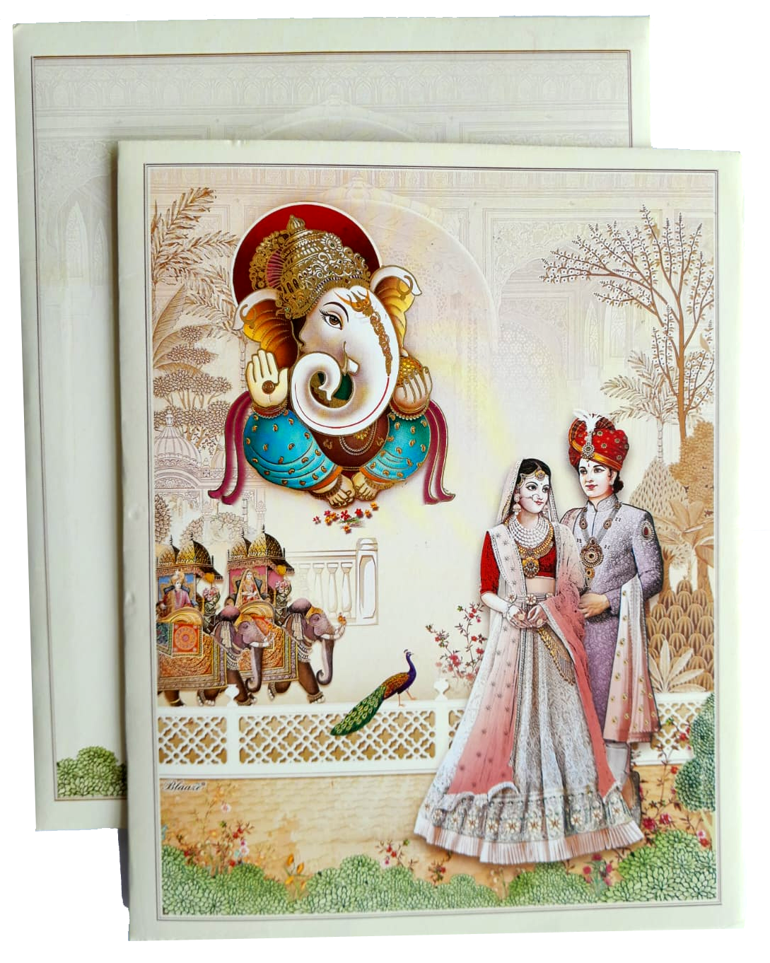 Lord Ganesha and a Bride and Groom with window cutting envelope — wedding invitation card