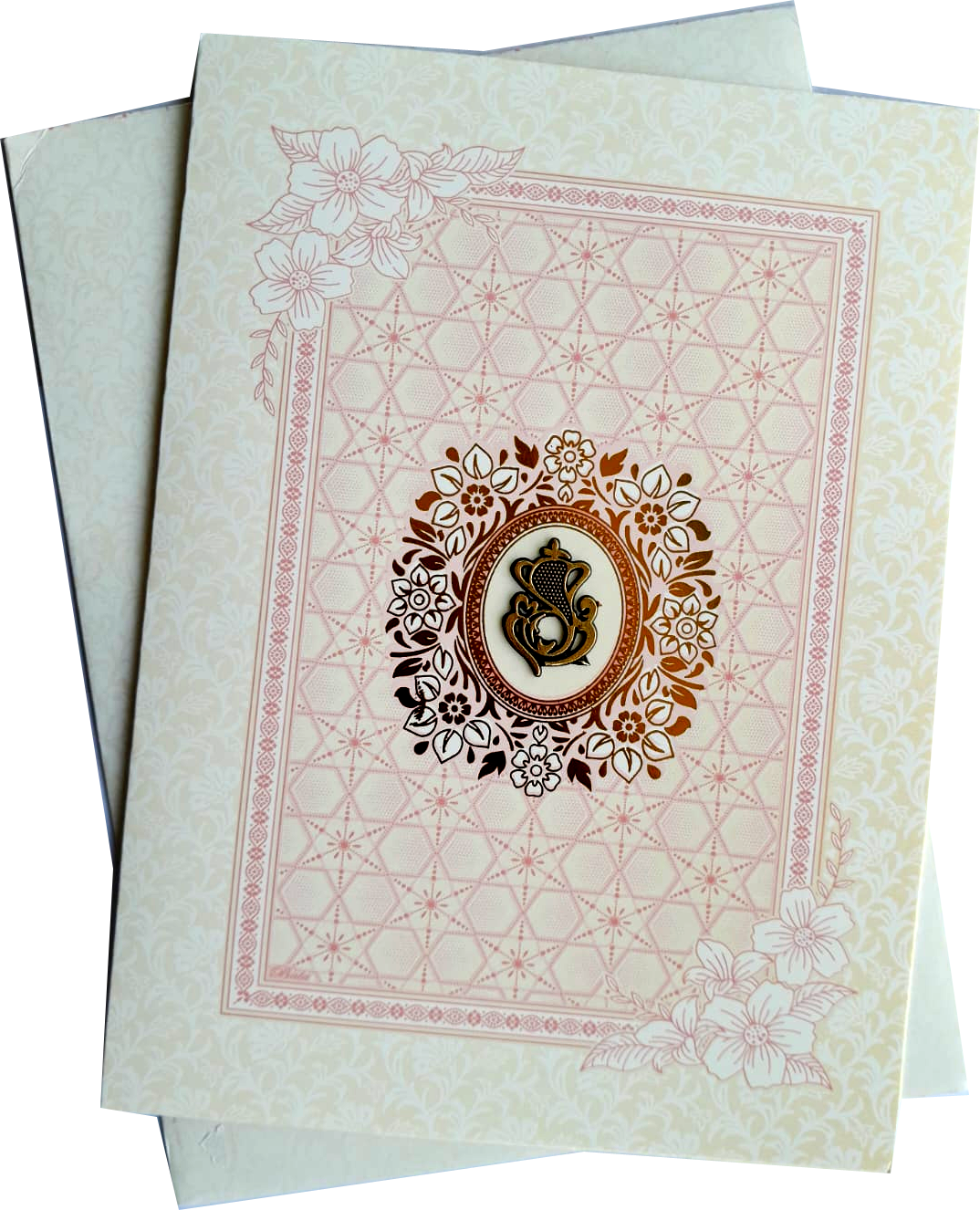 Cream and pink central window cut and corner floral Card — wedding invitation card