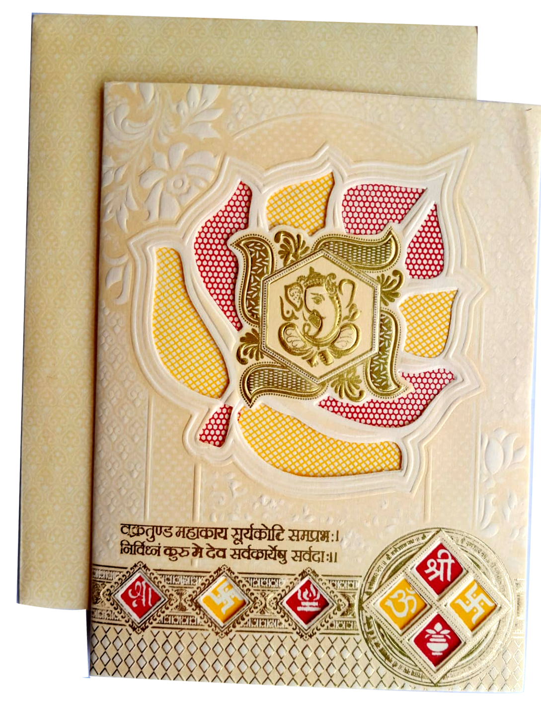 Cream colored, featuring an embossed Ganesha motif, floral and lotus die-cut patterns with red and yellow highlights — wedding invitation card