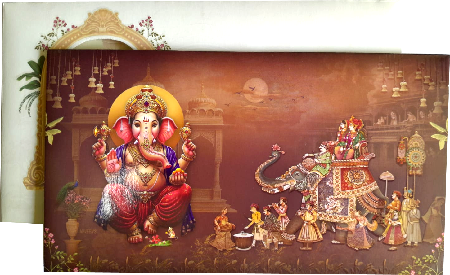 Hindu wedding invitation card ,  seated Lord Ganesha on the left and a royal Baraat — wedding invitation card