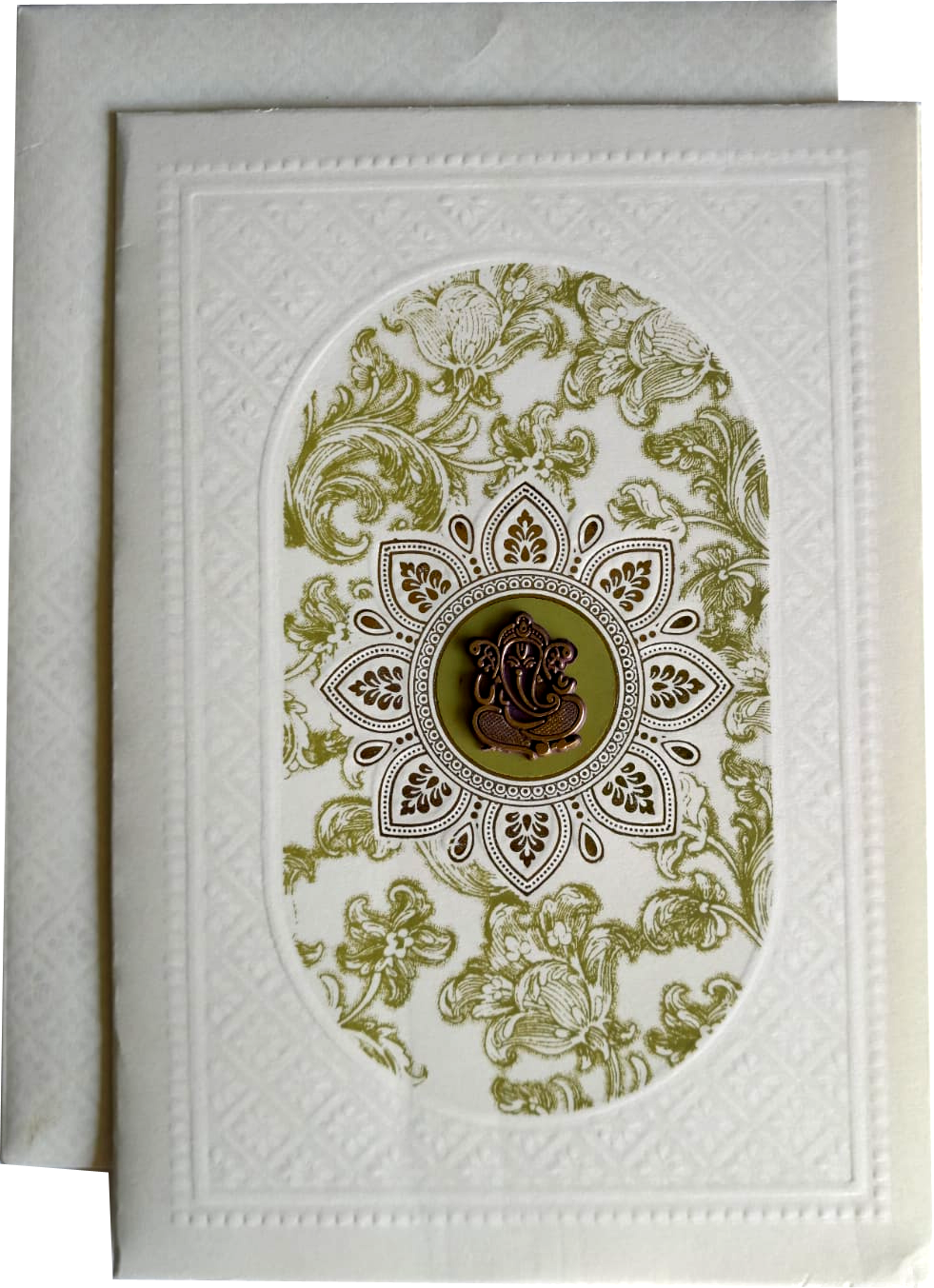 White embossed card stock with an oval floral gold-foil/green-accent center medallion Dia cutting Envelop — wedding invitation card
