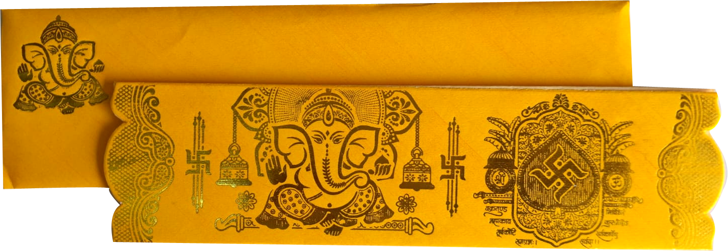 Yellow-colored 4 Fold Ganesha embossed in gold foil with shloka — wedding invitation card