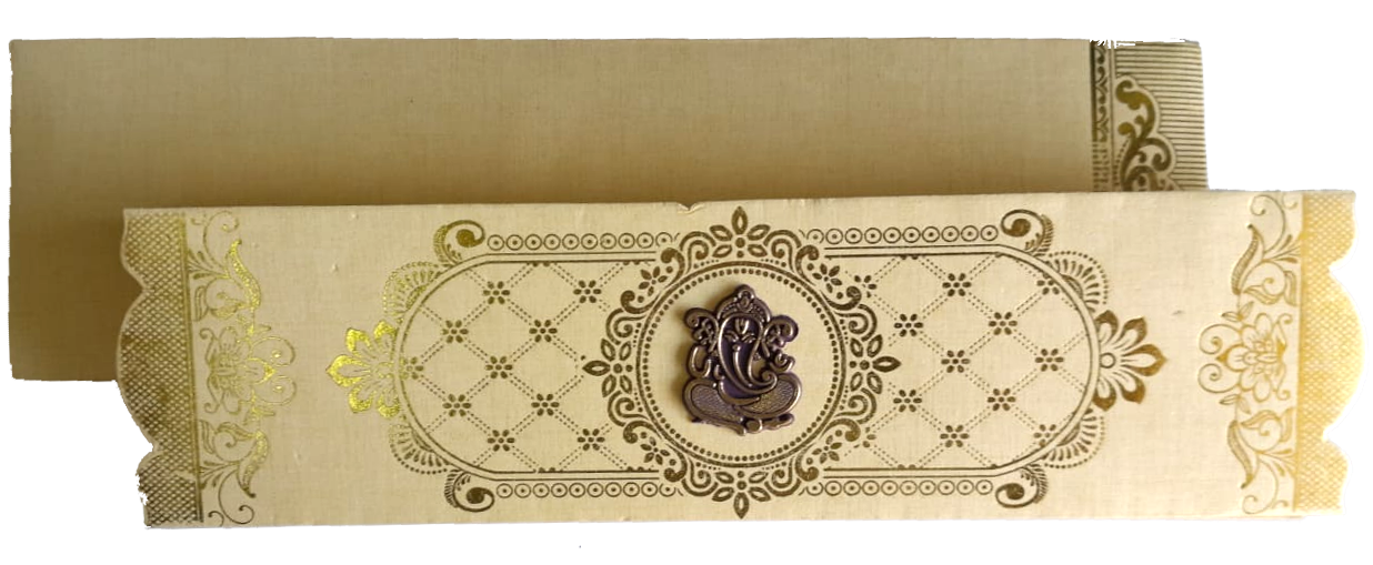 Cream-colored 4 Fold gold foil embossed in with shlok — wedding invitation card