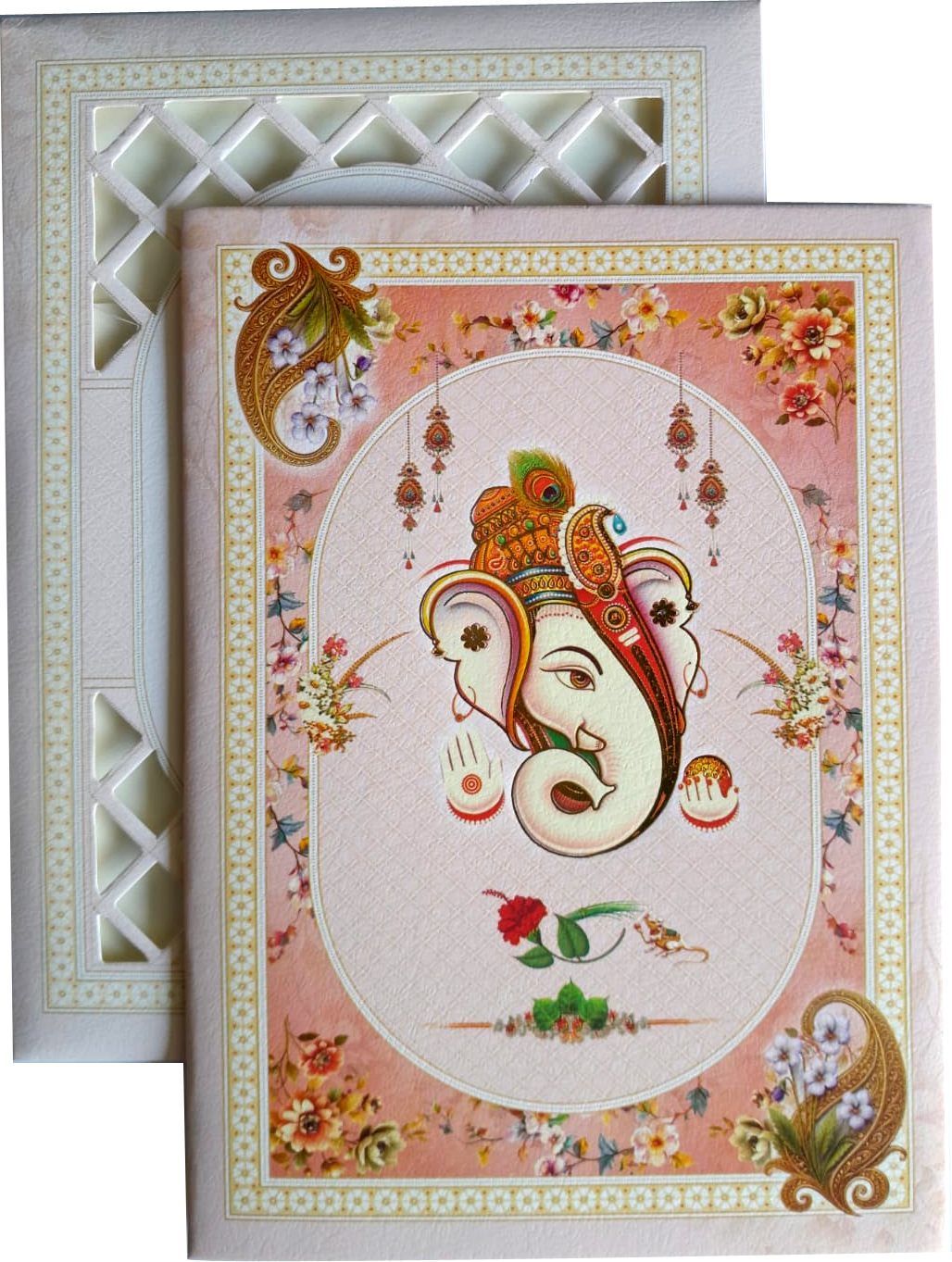 Lord Ganesha in the center, surrounded by soft pink floral patterns dia cutting envelop — wedding invitation card