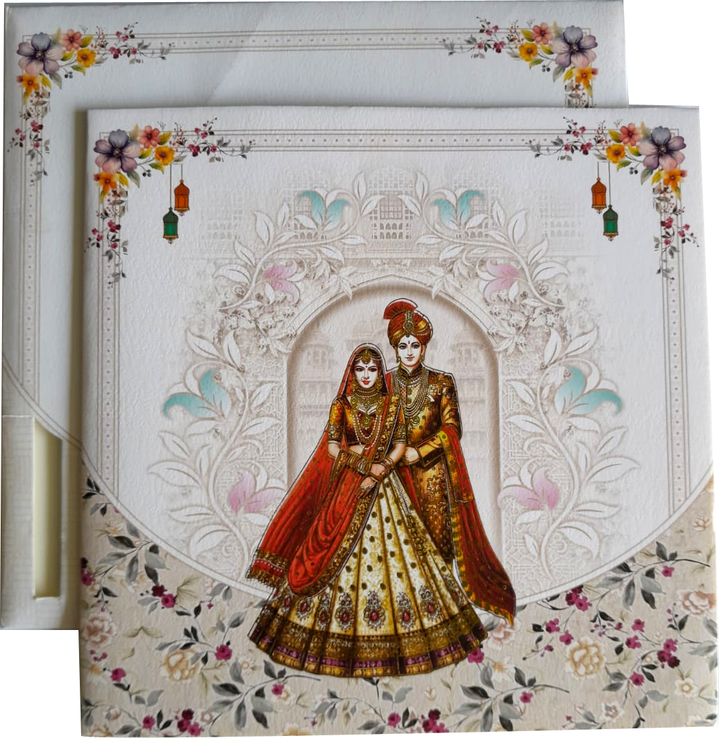 Royal Indian bride and groom (Dula-Dulhan / Raja-Rani) with dia cutting envelop — wedding invitation card