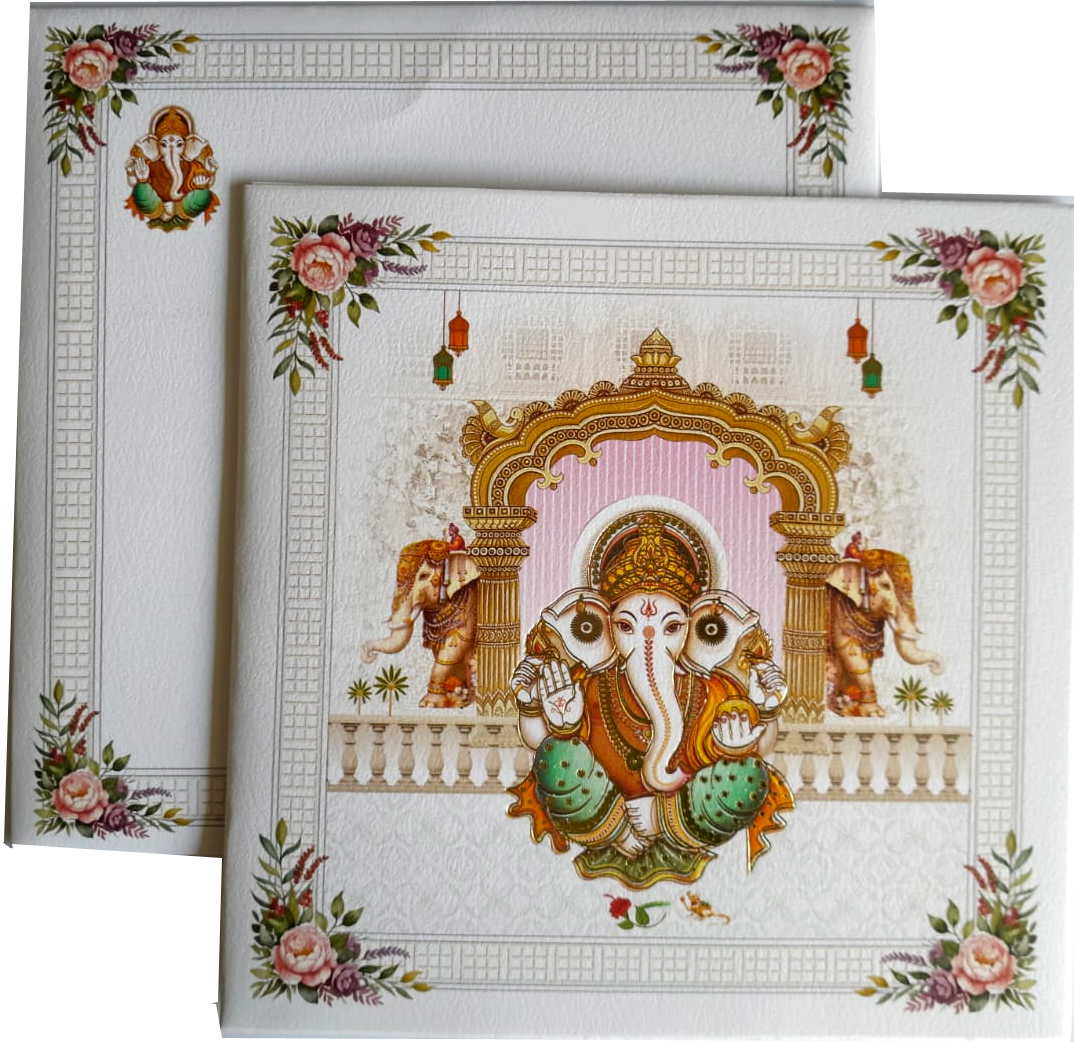 Traditional elephant figures on either side and colorful floral artwork in the four corners of a cream-textured card stock — wedding invitation card