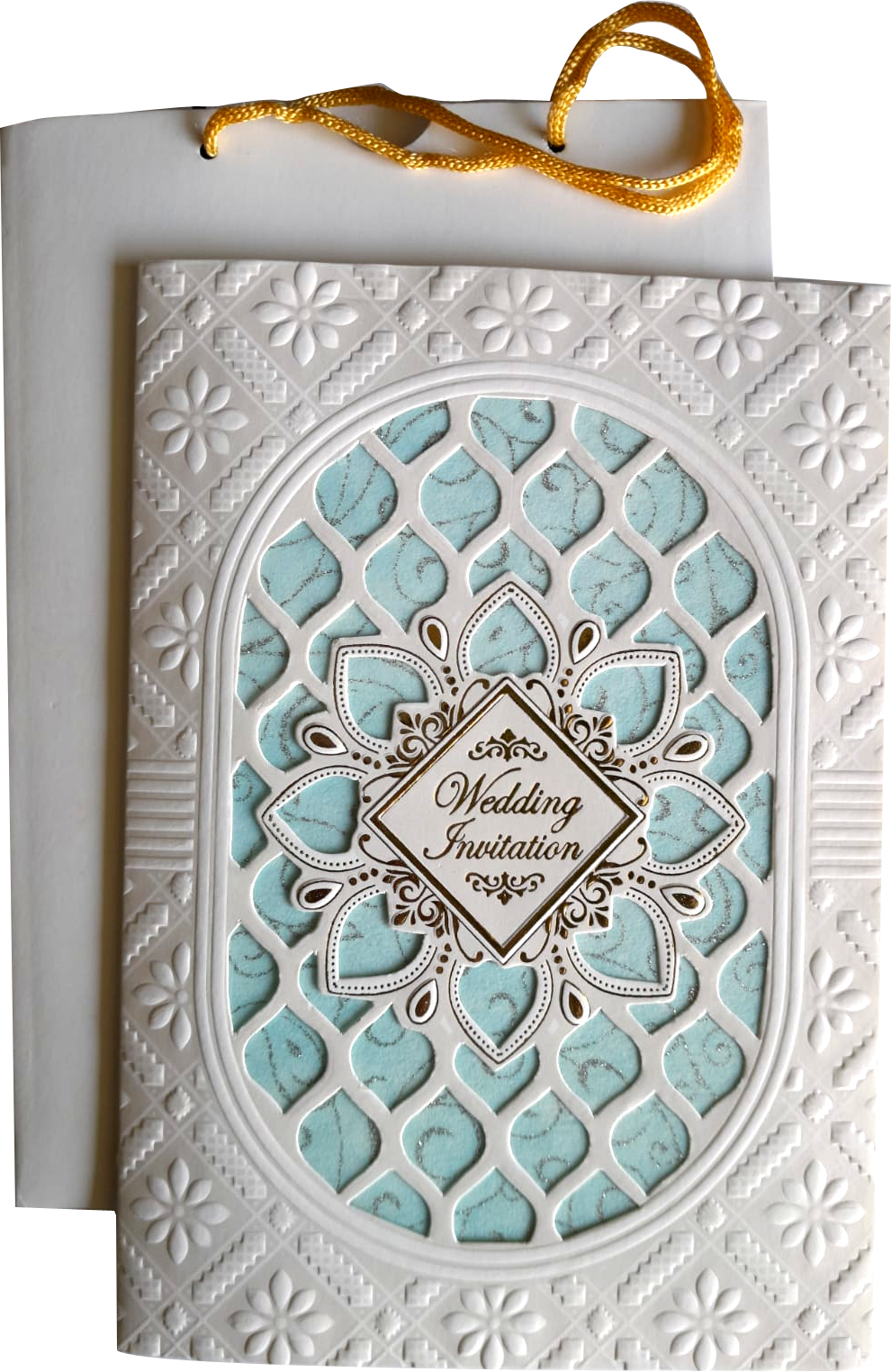 Laser-cut wedding invitation card featuring light blue color leaf Carry Bag wedding card — wedding invitation card