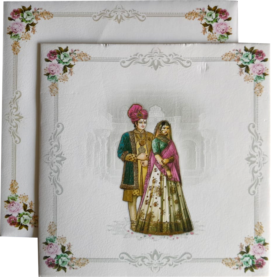 Royal Indian bride and groom (Dula-Dulhan / Raja-Rani) with envelop — wedding invitation card