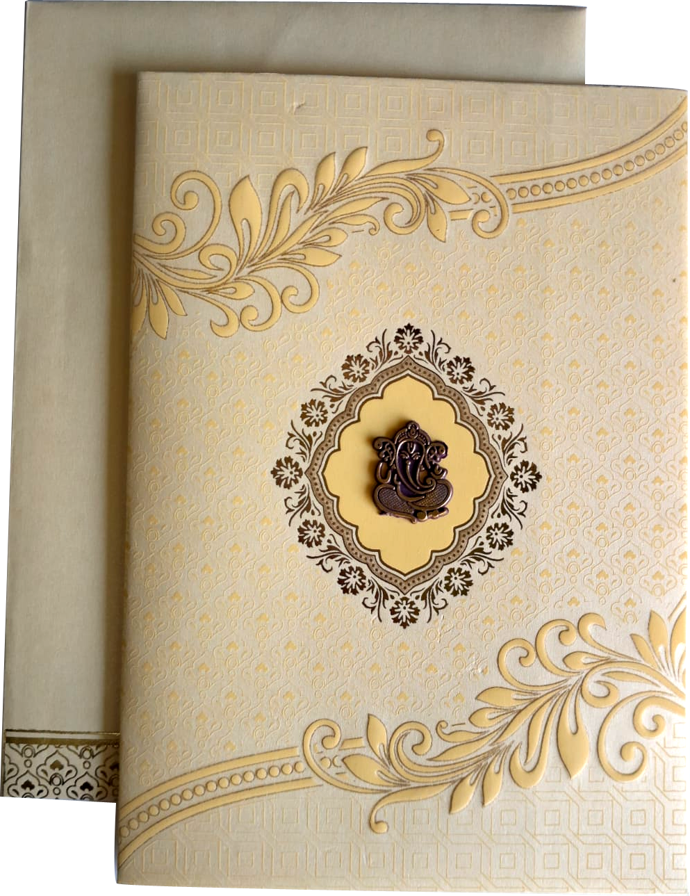Hindu wedding invitation card featuring an embossed floral pattern, decorative corners, and a central medallion. — wedding invitation card