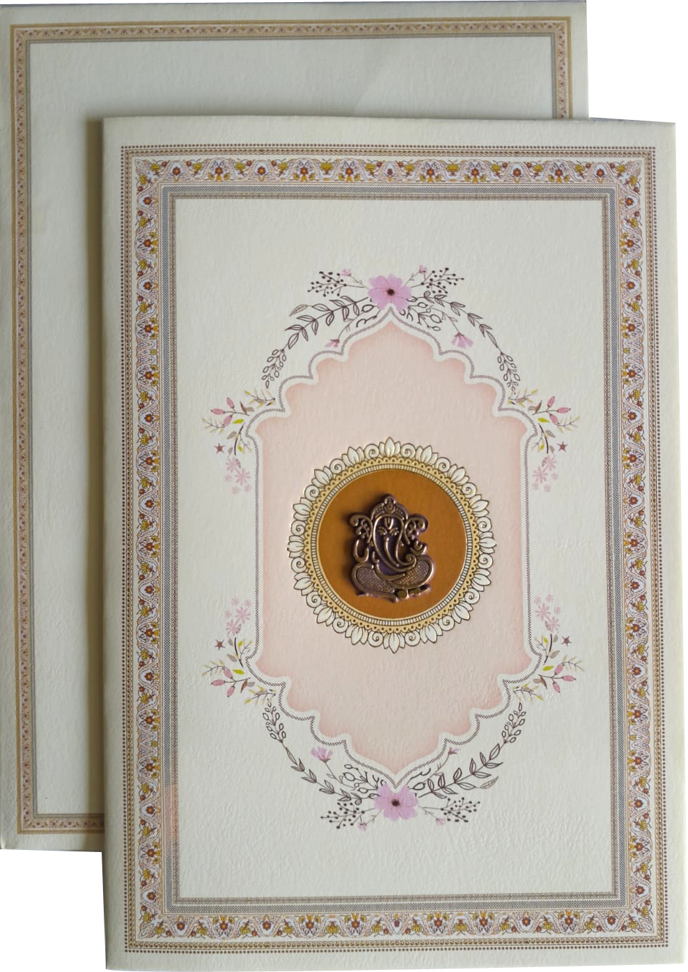 Textured floral and vine illustrations and a gold-trimmed central medallion wedding Invitation Card — wedding invitation card