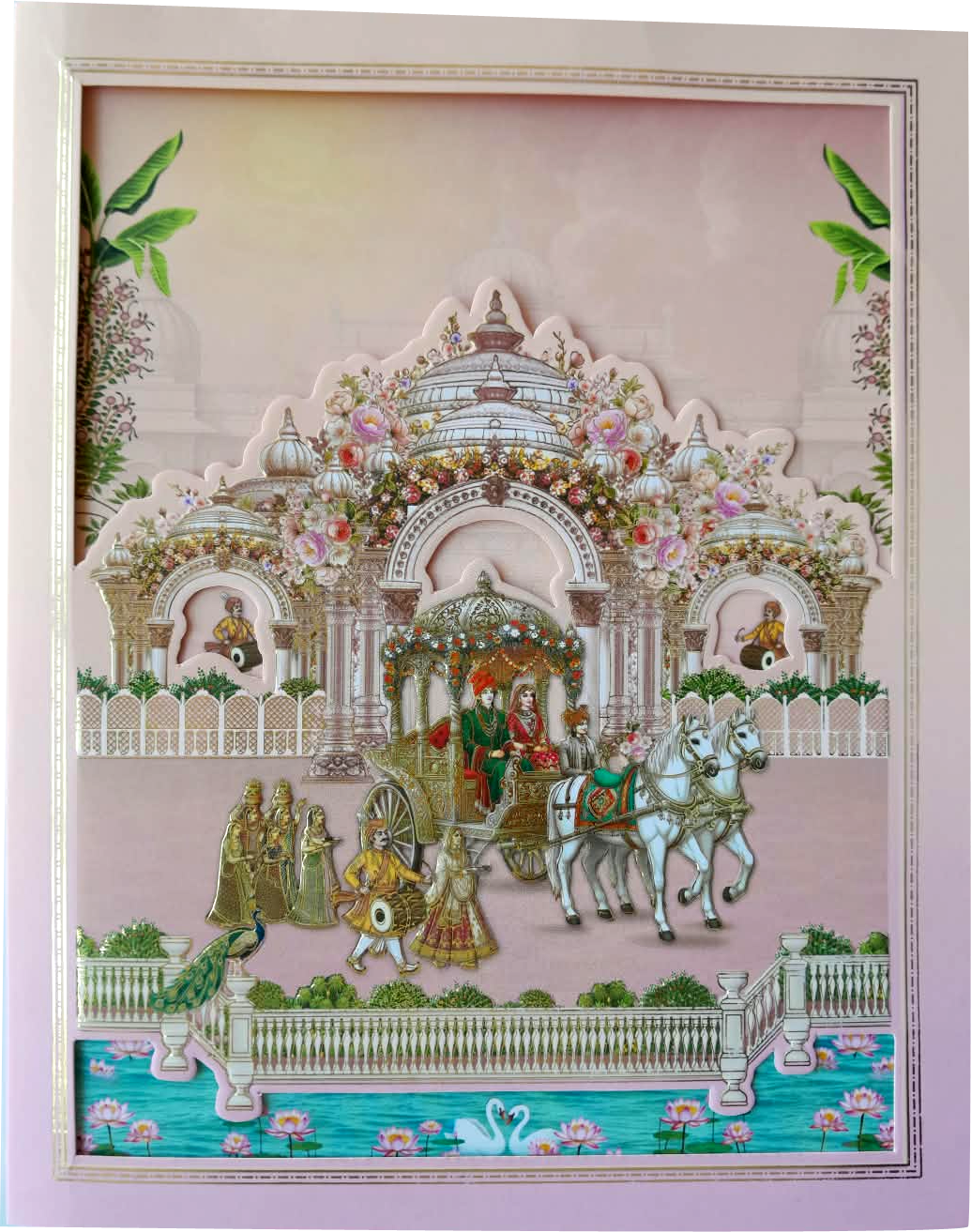 Bride and groom with chariotpulled by two majestic white horses — front design