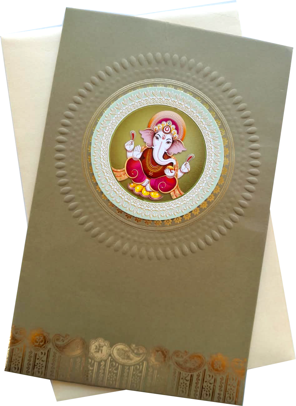Lord Ganesha inside a circular with golden border with window envelop — front design