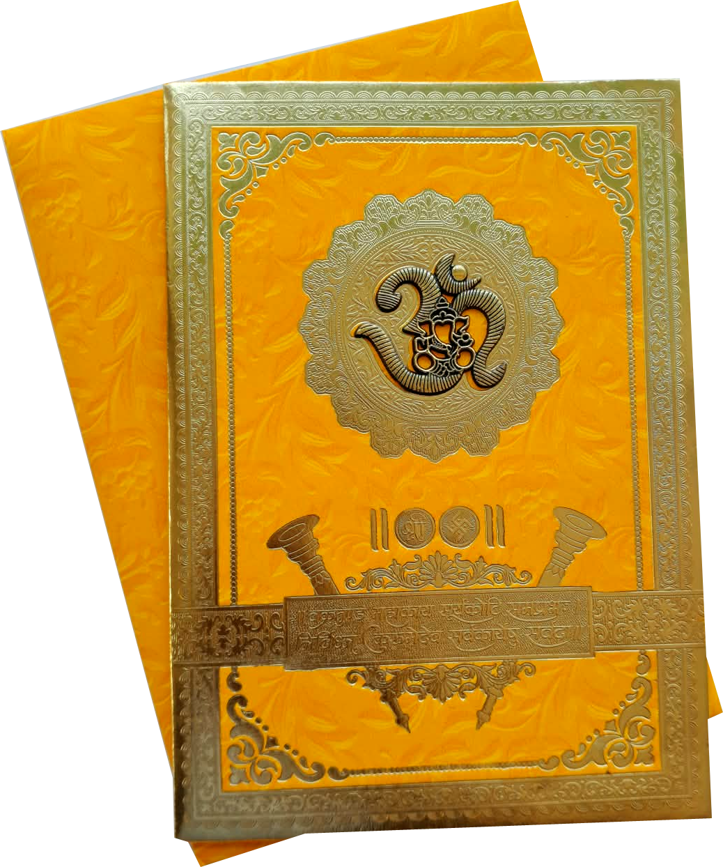 Lord Ganesha embossed with circular mandala framework gold foil borders — front design