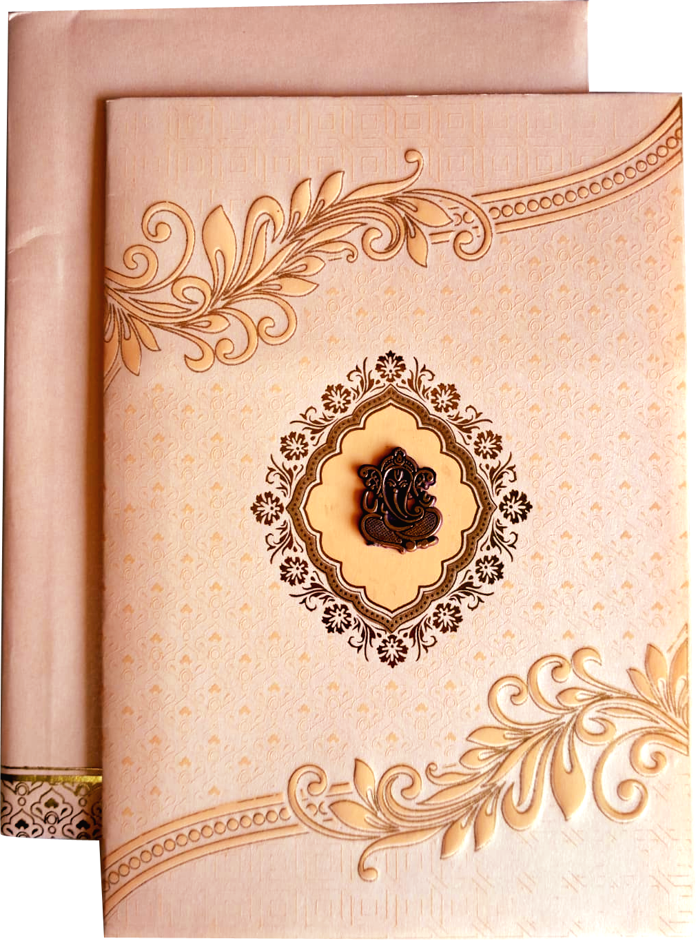 Hindu wedding invitation card featuring an embossed floral pattern, decorative corners, and a central medallion. — wedding invitation card
