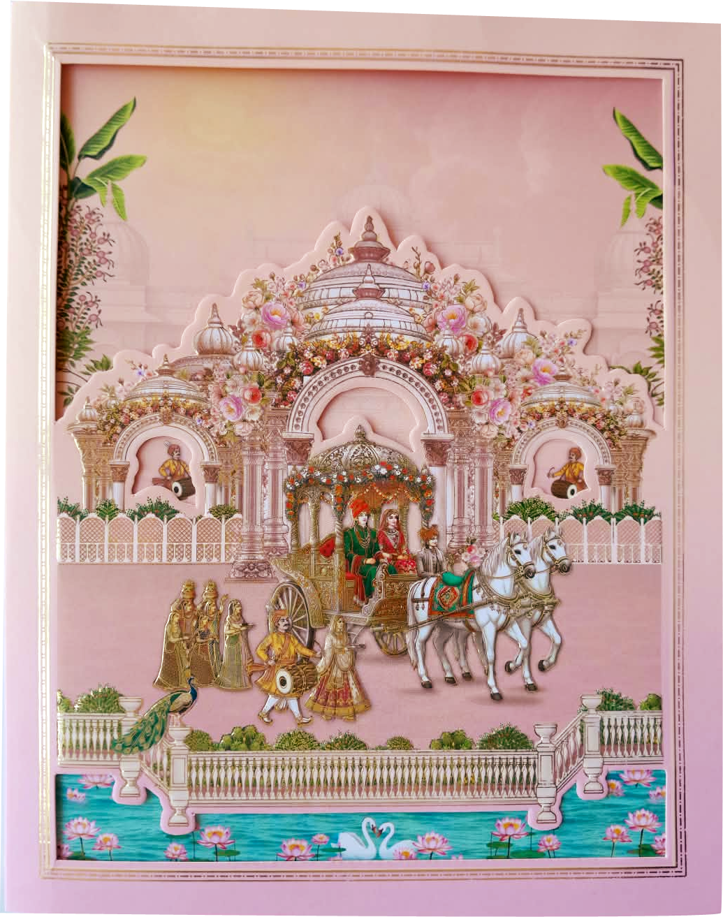 Bride and groom with chariotpulled by two majestic white horses — wedding invitation card