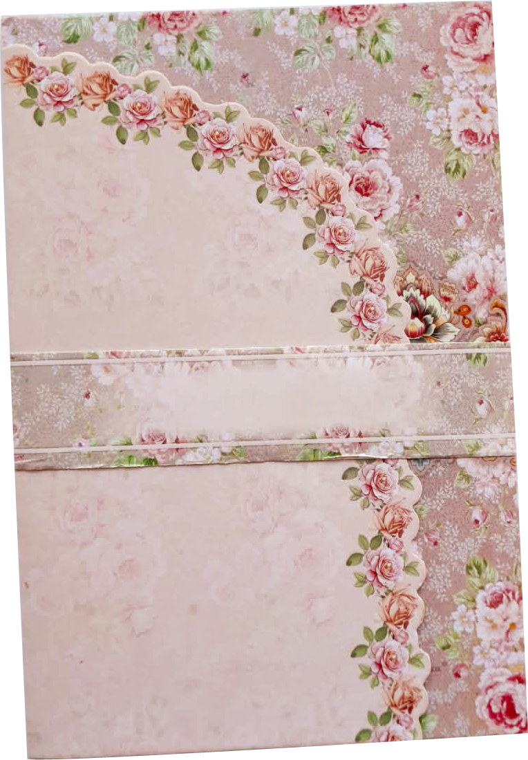 Delicate pink roses, an elegant scalloped border, and a designated invitation card — front design