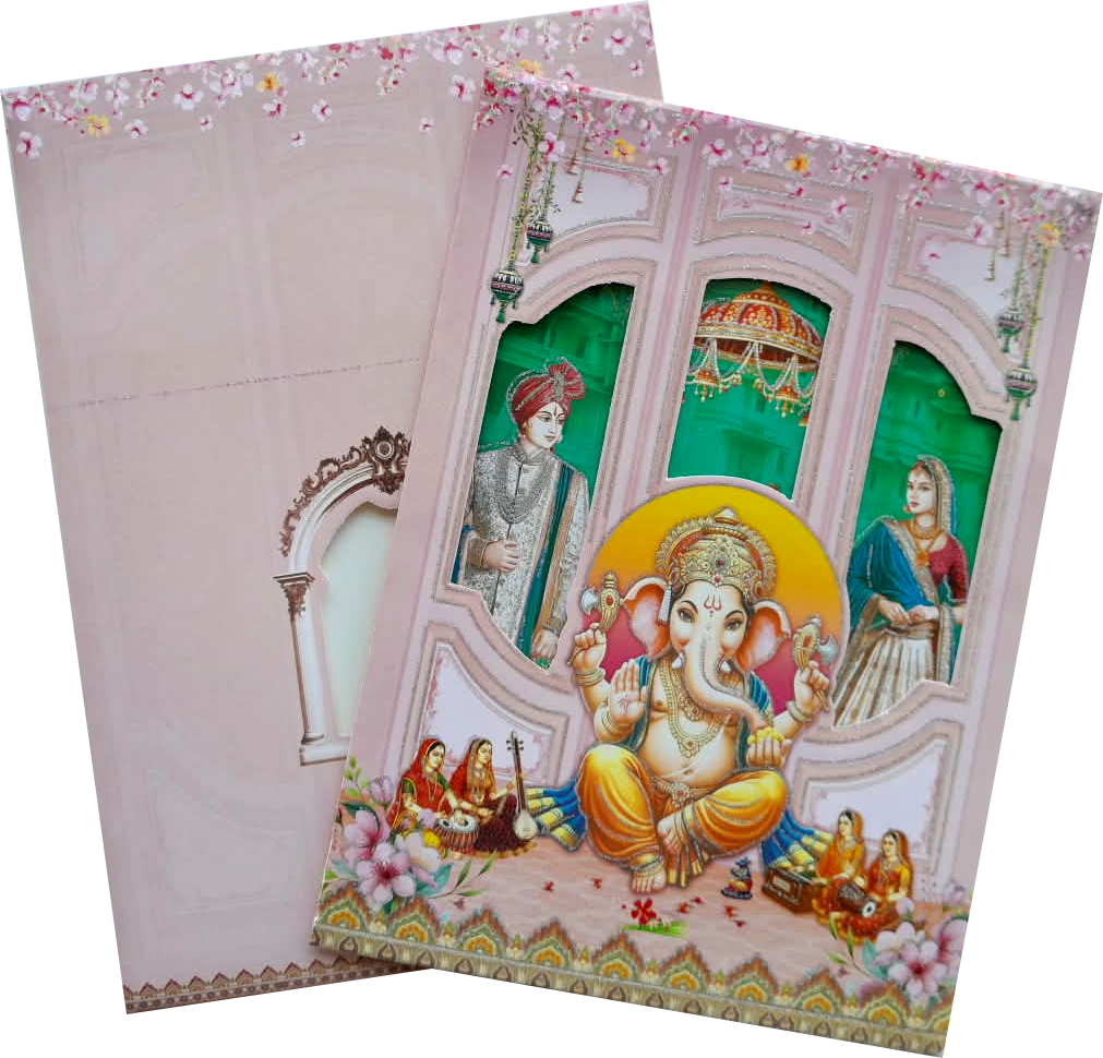 3-fold Hindu wedding invitation cardwith Lord Ganesha seated at the center — wedding invitation card