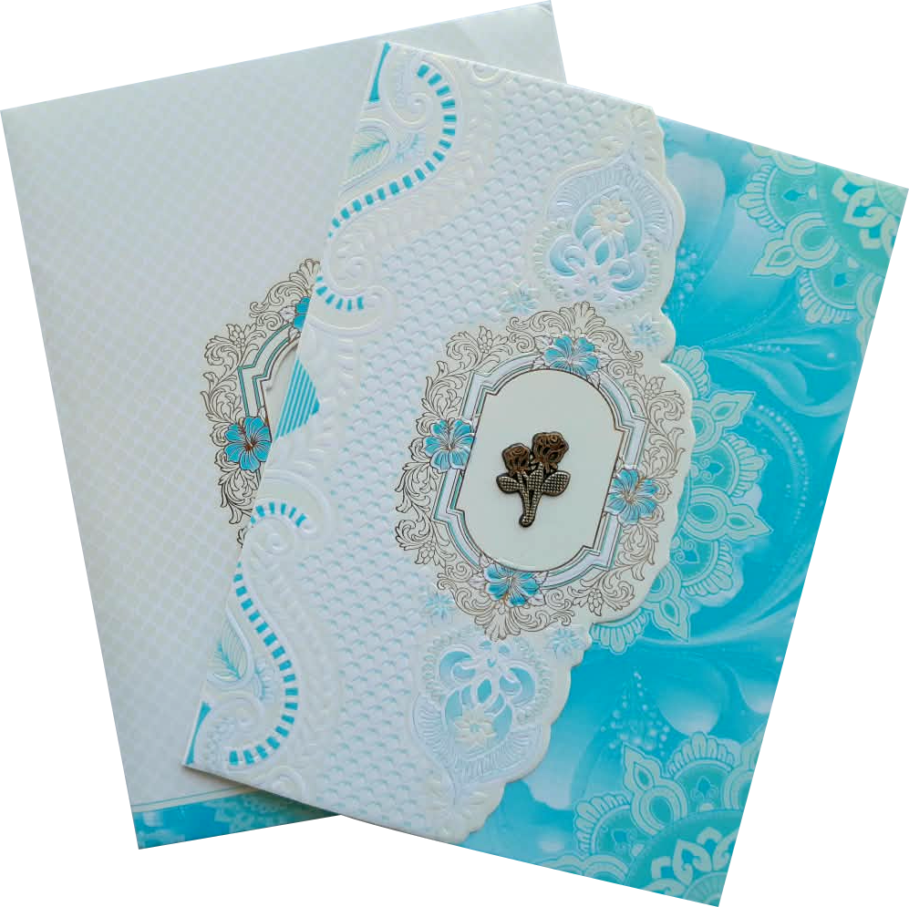 blue and white embossed floral pattern wedding invitation card — front design