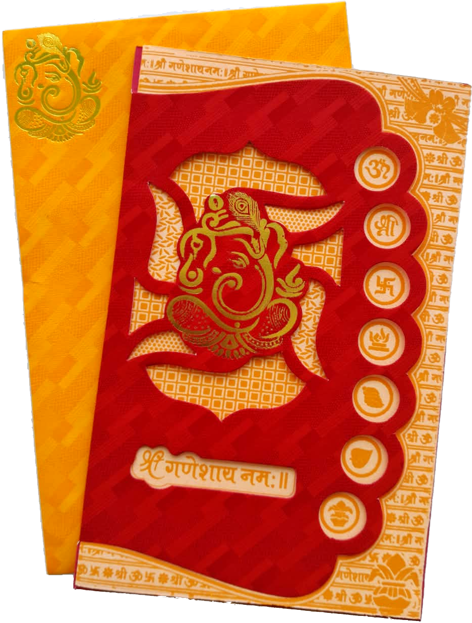 Die-cut, textured and gold-embossed Lord Ganesha, Yellow and red wedding Card — wedding invitation card