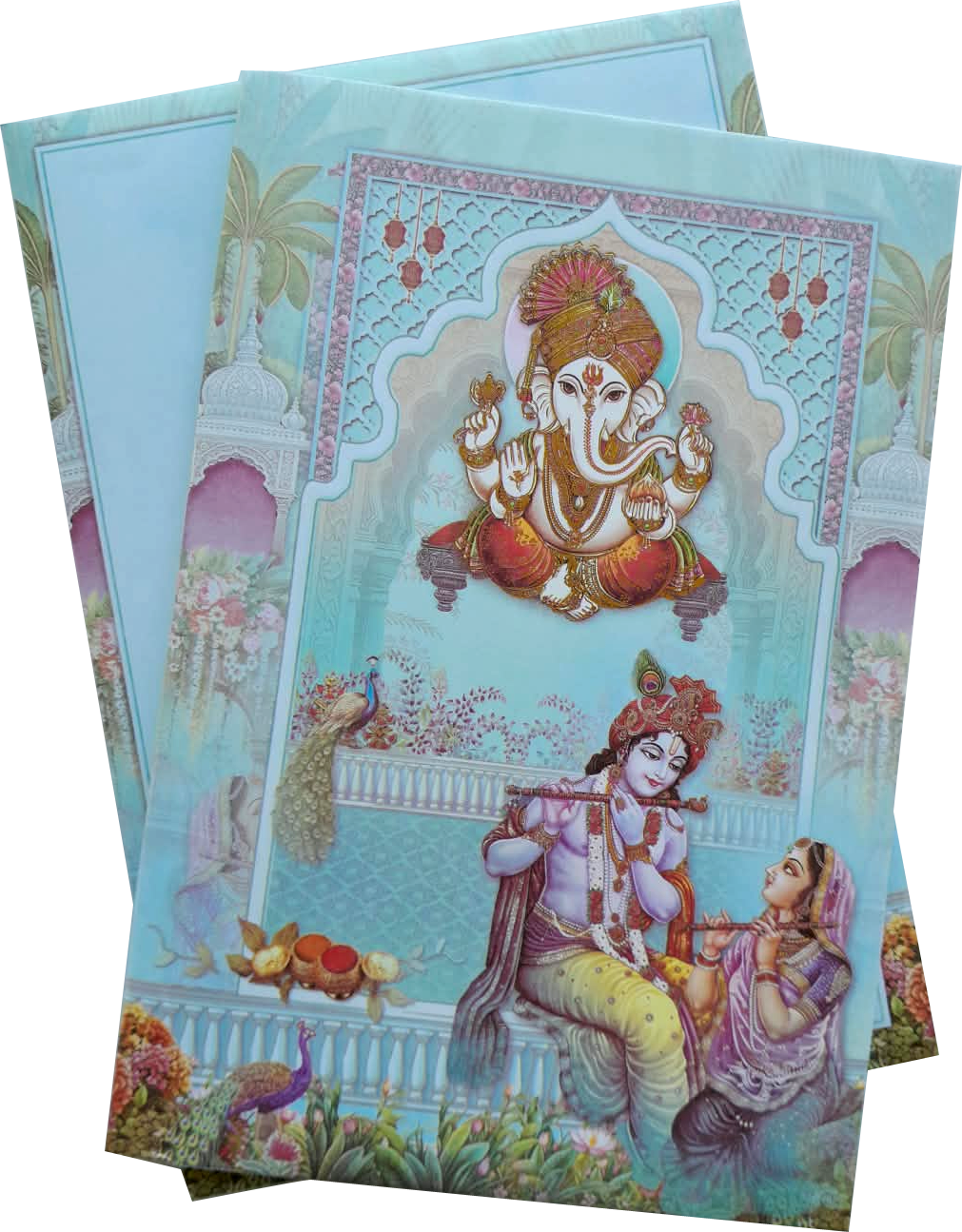 Pastel blue Ganesha, Radha and Krishna wedding card — wedding invitation card