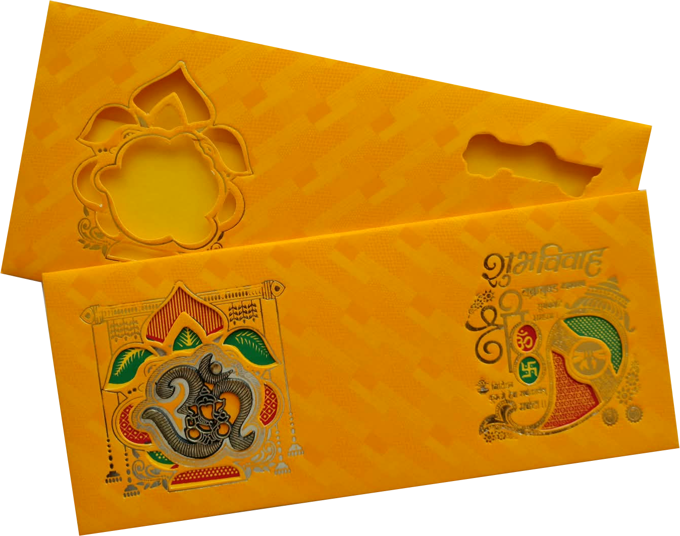 Vibrant yellow embossed Om, Ganesha motif design with gold, red, and green accents  die-cut window wedding invitation card — front design